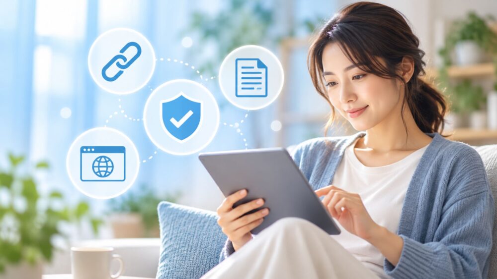 タブレットで公式サイトの情報を確認する女性。信頼性を示す盾のチェックマークやリンク、文書のアイコンが描かれたイメージ